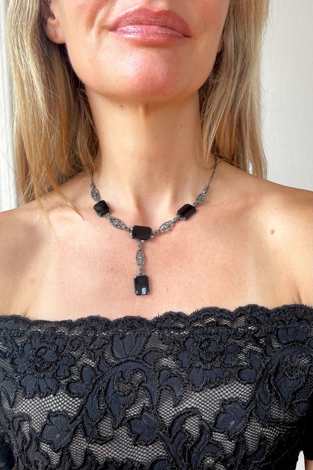 Antique Sterling Silver Onyx Marcasite Art Deco Lavaliere Y Necklace Selected by MARMALADE #2