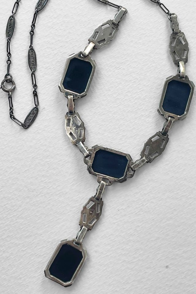 Antique Sterling Silver Onyx Marcasite Art Deco Lavaliere Y Necklace Selected by MARMALADE #3
