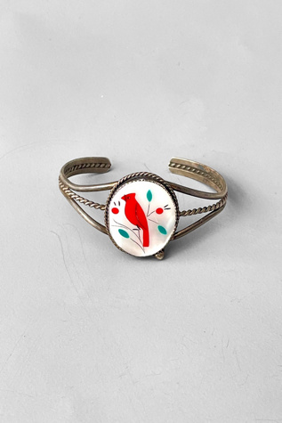 Vintage 70s Artisanal Sterling Silver Shell Cardinal Bird Cuff Selected by MARMALADE