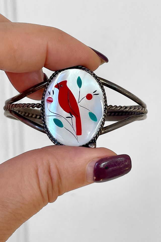 Vintage 70s Artisanal Sterling Silver Shell Cardinal Bird Cuff Selected by MARMALADE #2