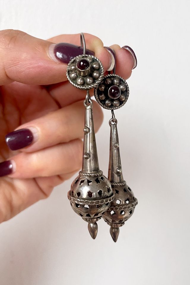 Vintage 60s Large Bohemian Sterling Silver Garnet Drop Earrings Selected by MARMALADE #1