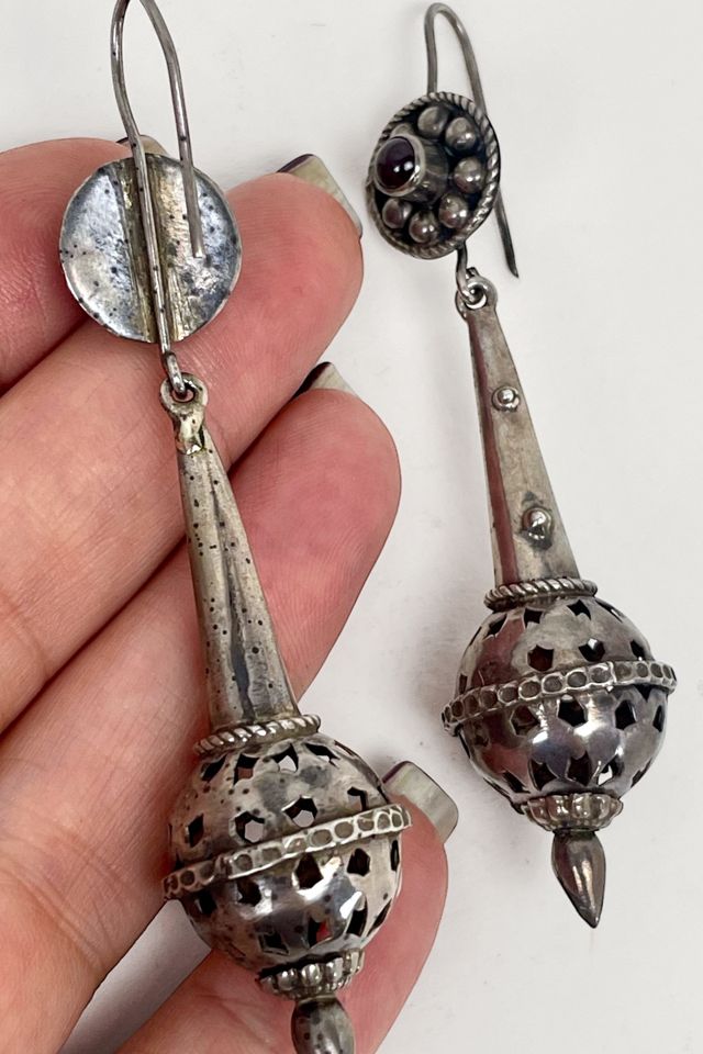 Vintage 60s Large Bohemian Sterling Silver Garnet Drop Earrings Selected by MARMALADE #3