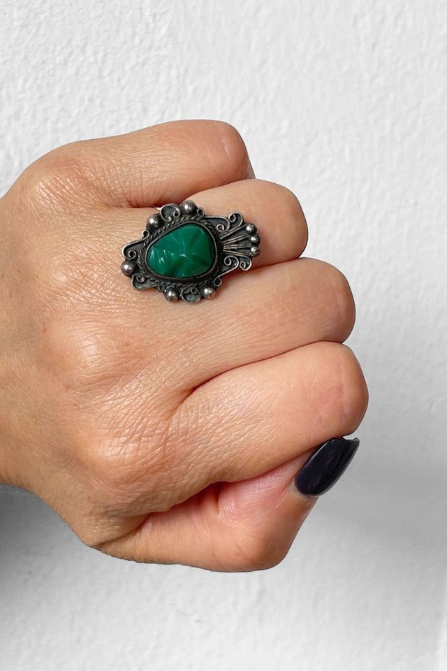 Vintage Mid-Century Sterling Silver and Green Onyx Face Ring Selected by MARMALADE #1