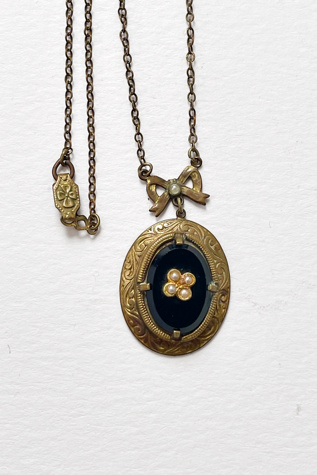 Vintage 30s Black Glass Seed Pearls Bow Pendant Selected by MARMALADE