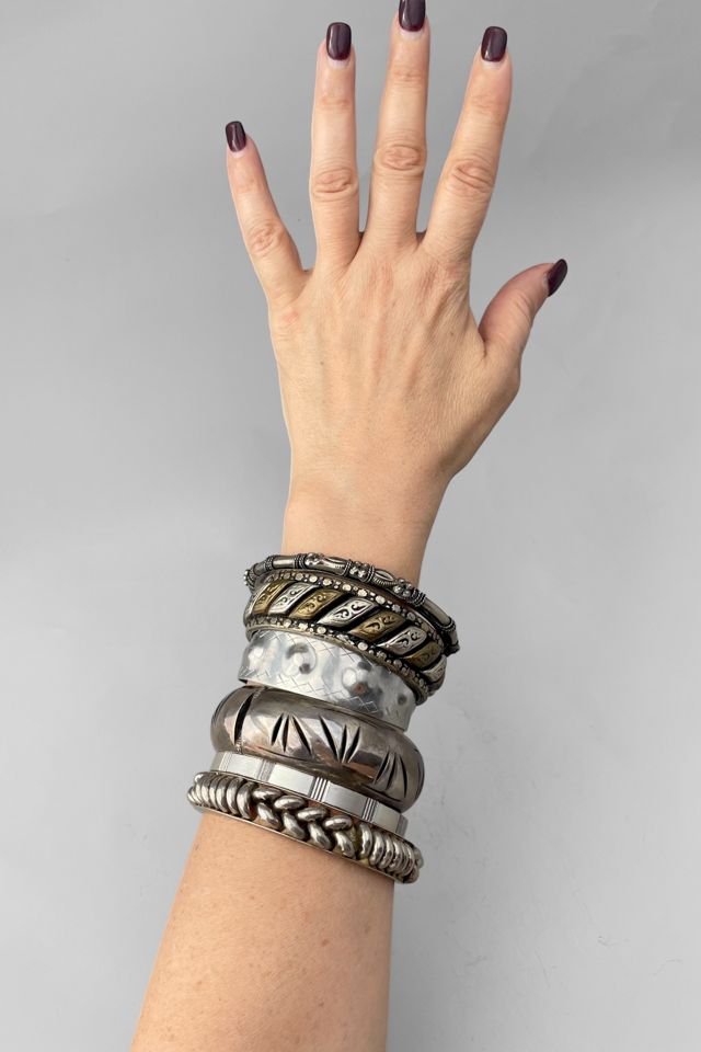 Maximalist Boho Stack of Vintage Silver-Tone Bangle Bracelets Selected by MARMALADE #1