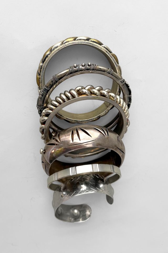 Maximalist Boho Stack of Vintage Silver-Tone Bangle Bracelets Selected by MARMALADE #2
