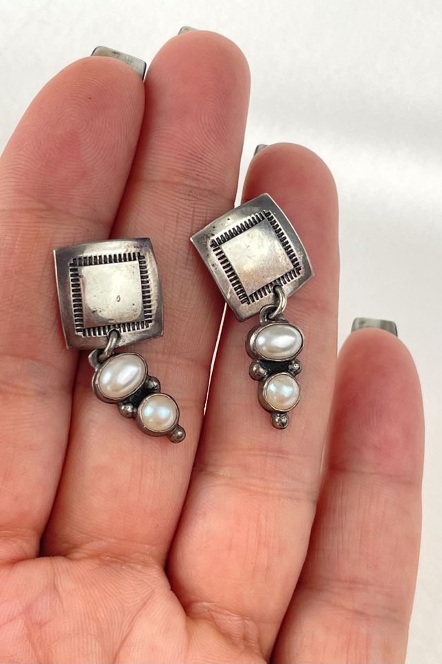 Vintage Sterling Silver Modernist Pearl Drop Earrings Selected by MARMALADE #2