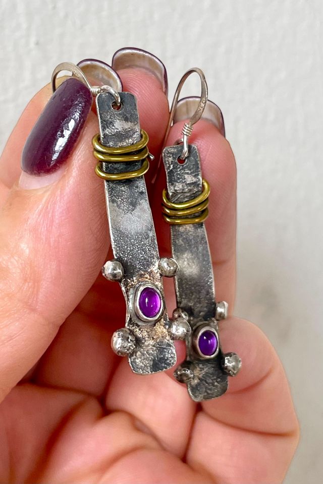 Vintage Sterling Amethyst Artisanal Modernist Earrings Selected by MARMALADE #2