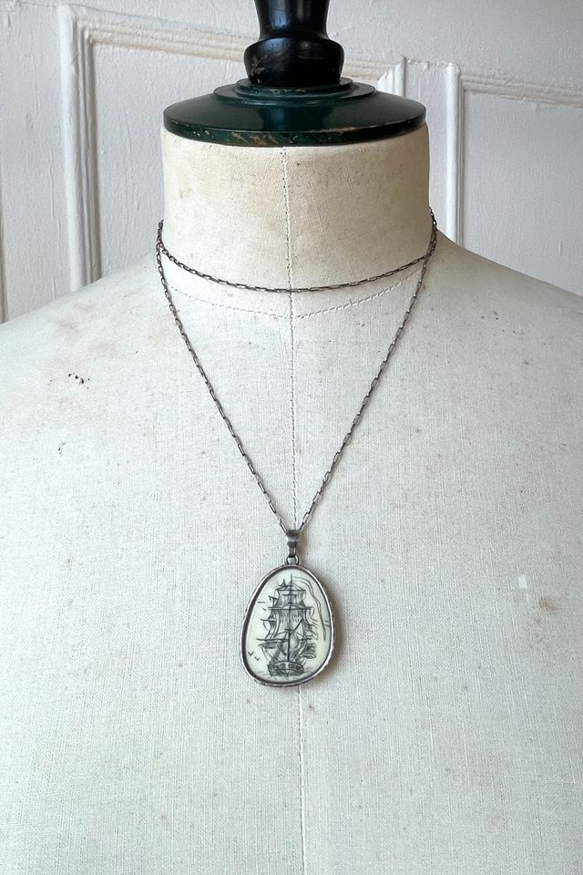 Vintage Two-Sided Scrimshaw Nautical Sterling Pendant and Chain Selected by MARMALADE #2