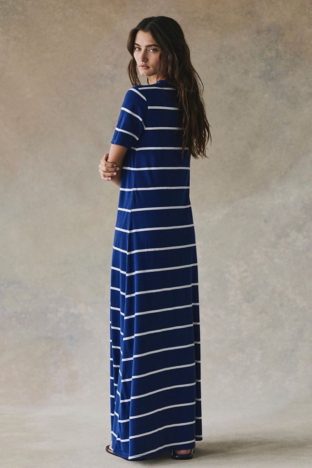 Sleek And Striped Cotton-Jersey Crew Neck T-Shirt Maxi Dress by free-est at Free People in Blue, Size: XS - Crew Neck