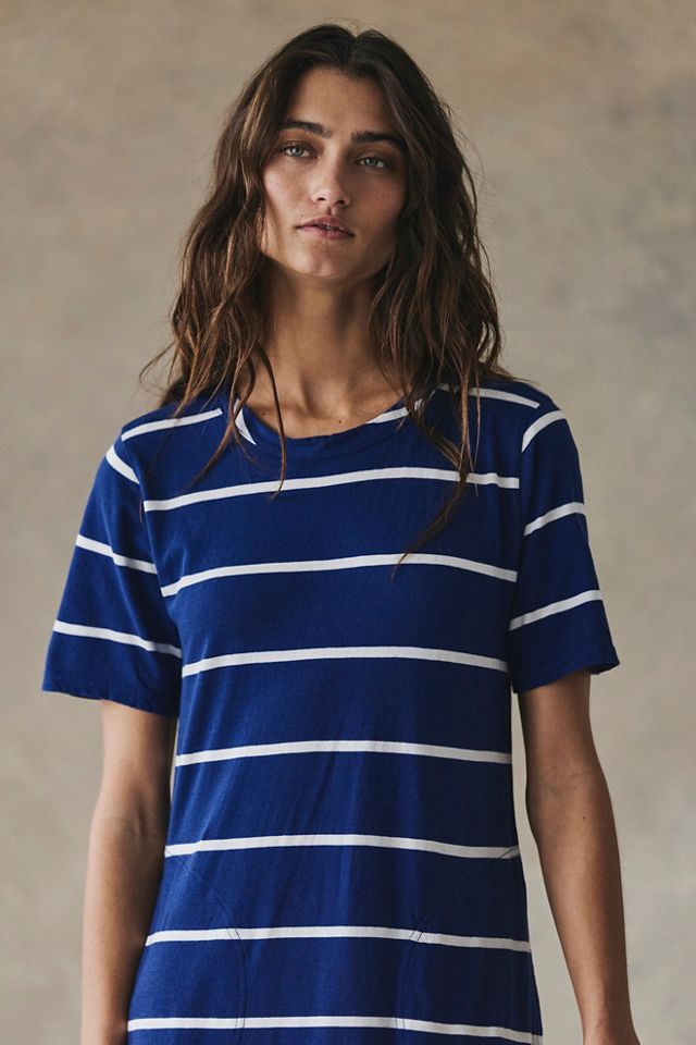 Sleek And Striped Cotton-Jersey Crew Neck T-Shirt Maxi Dress by free-est at Free People in Blue, Size: XS - Crew Neck