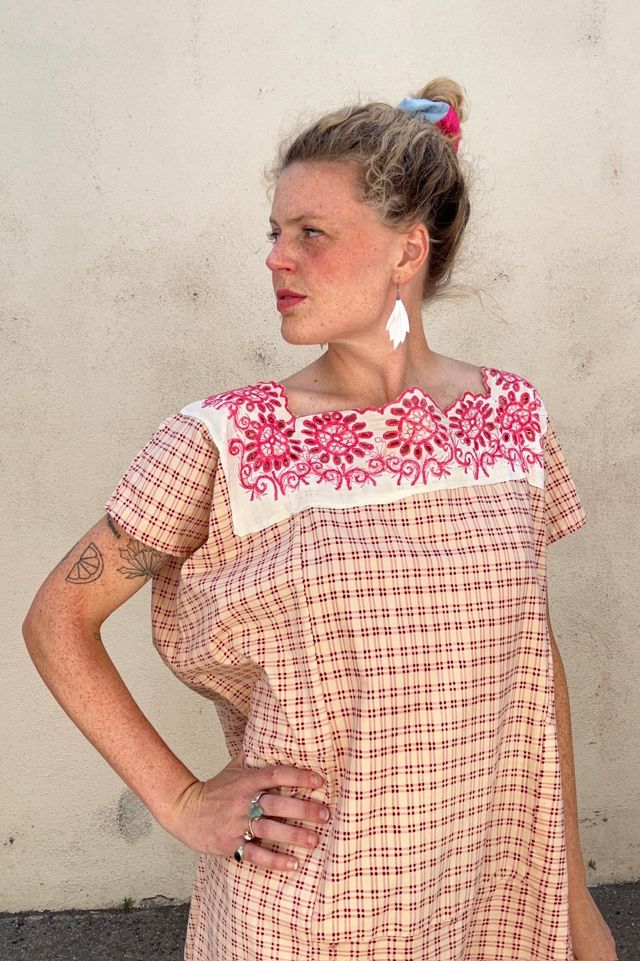 Vintage Pink Plaid Lace Trimmed Caftan Dress Selected by The Curatorial Dept. #1