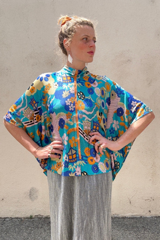 Vintage Psychedelic Aqua Floral Print Poncho Blouse Selected by The Curatorial Dept.