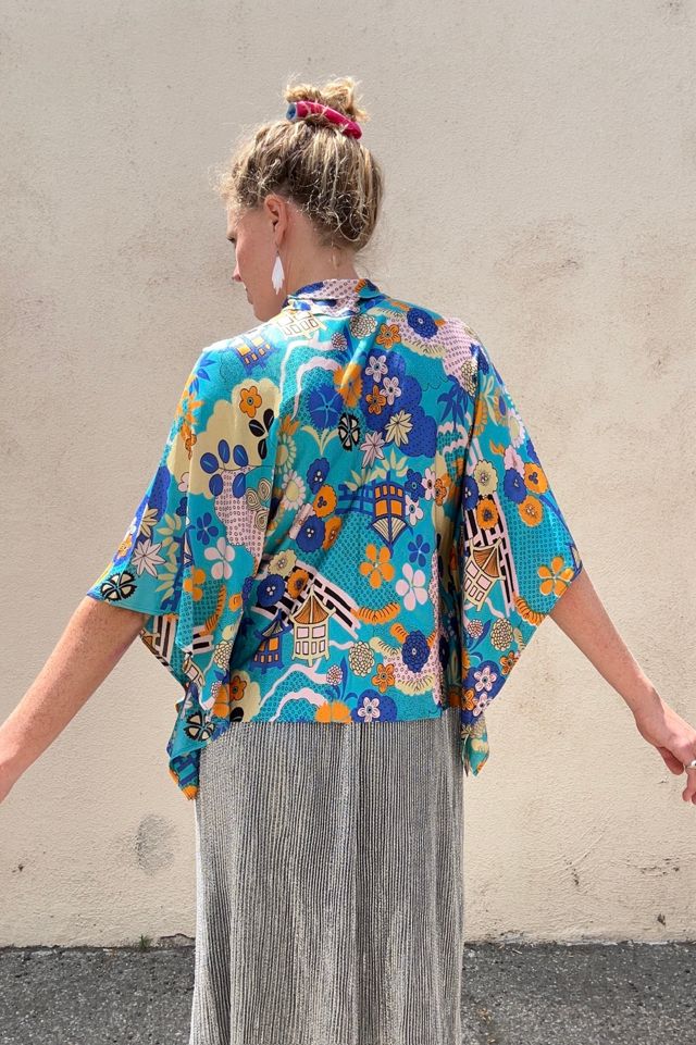 Vintage Psychedelic Aqua Floral Print Poncho Blouse Selected by The Curatorial Dept. #1
