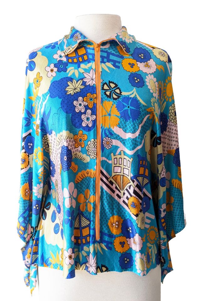 Vintage Psychedelic Aqua Floral Print Poncho Blouse Selected by The Curatorial Dept. #2