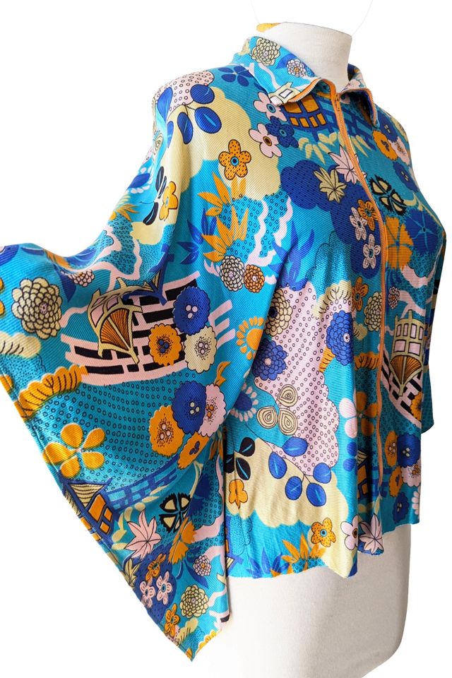 Vintage Psychedelic Aqua Floral Print Poncho Blouse Selected by The Curatorial Dept. #3
