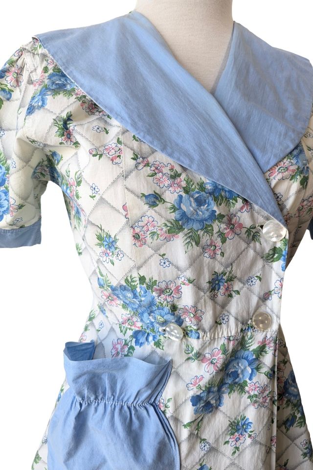 Vintage White and Blue Floral Print Cotton Apron Selected by The Curatorial Dept. #1