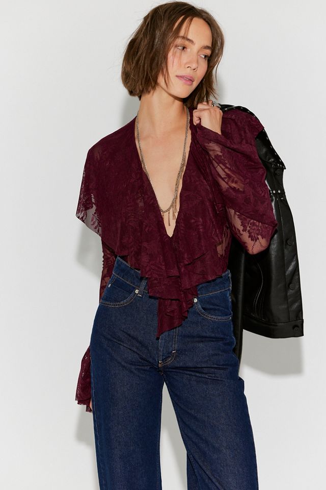 Norma Kamali Long Sleeve Deep V Ruffle Bodysuit #2