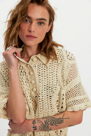 We The Free Dahlia Crochet Collared Polo at Free People in White, Size: XS