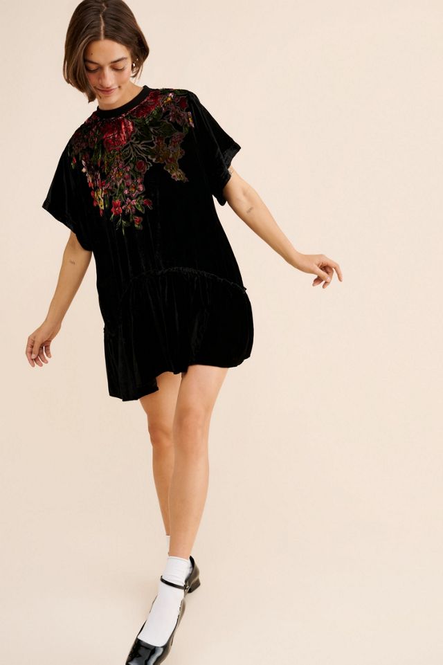 knee length dresses for ladies SELENA Jewelled Applique Velvet Mini Dress in Black main image 0
