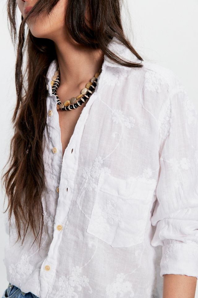 Llea Blue Floral Embroidered Linen Shirt #3