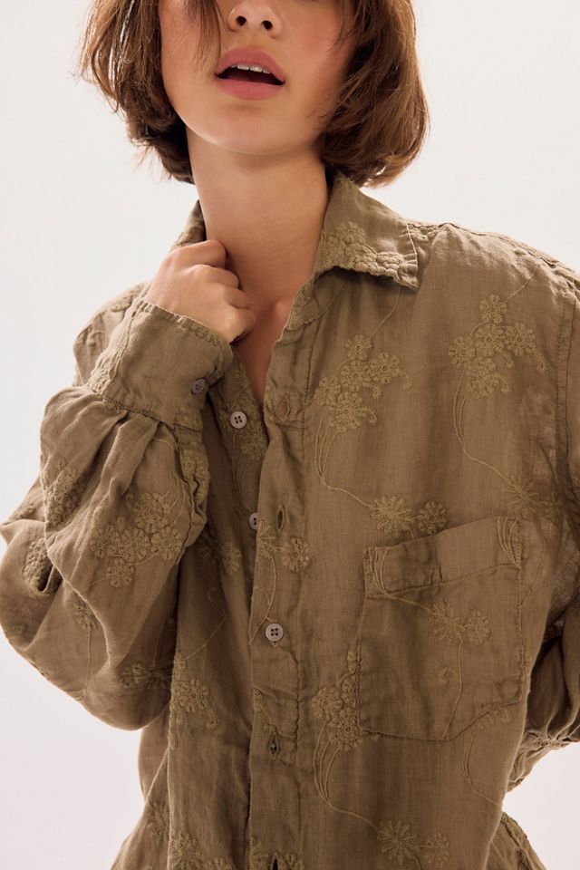 Llea Blue Floral Embroidered Linen Shirt | Free People