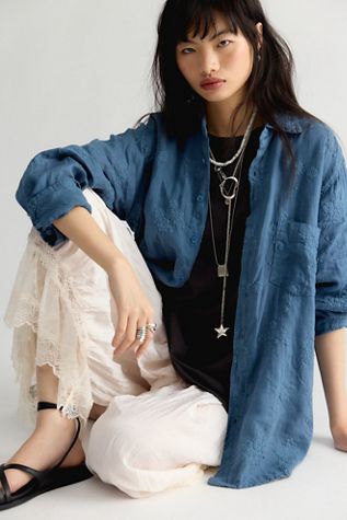 Llea Blue Floral Embroidered Linen Shirt
