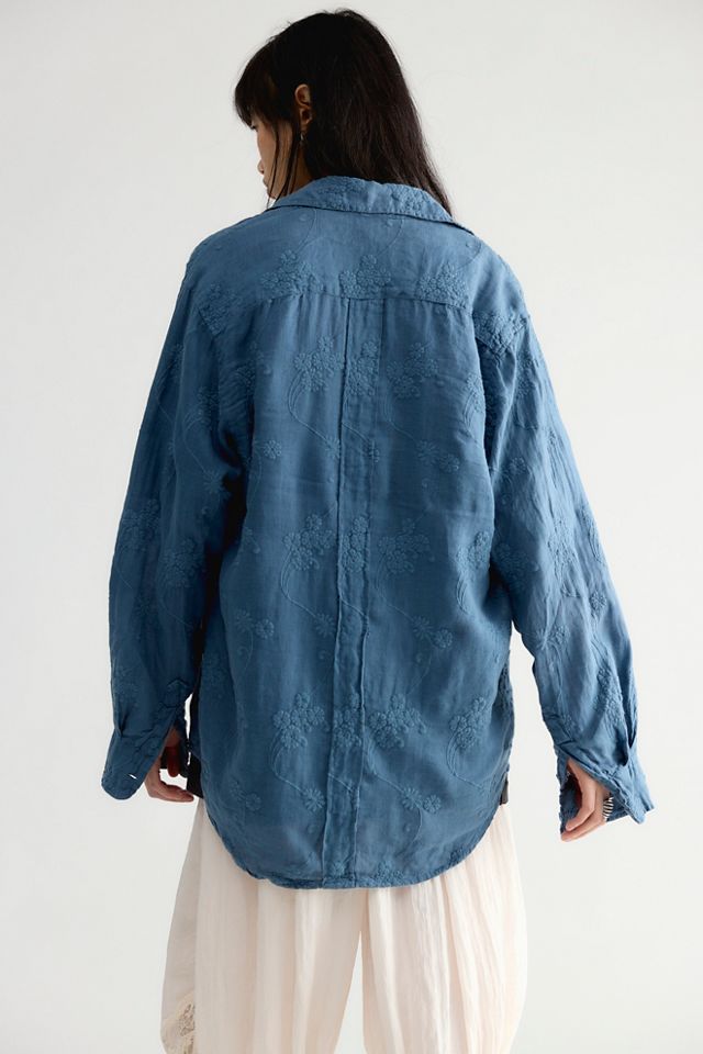 Llea Blue Floral Embroidered Linen Shirt #1