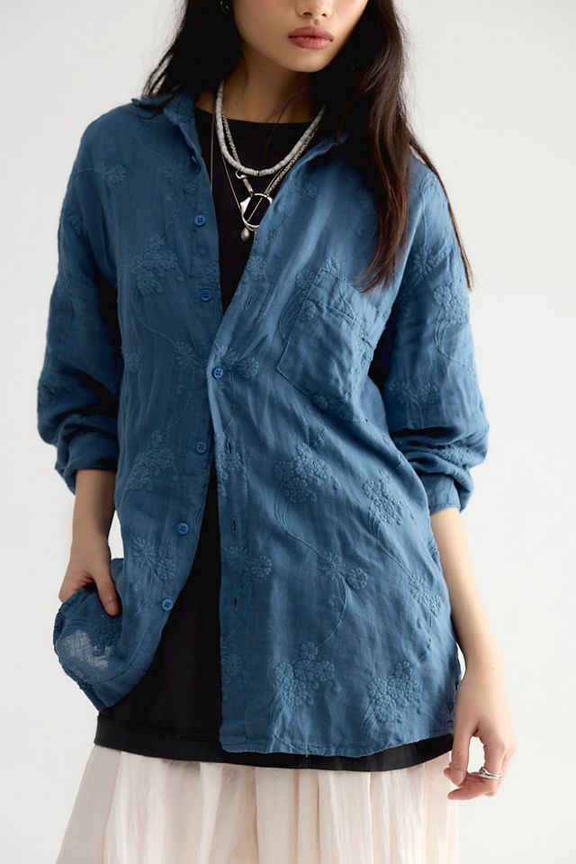 Llea Blue Floral Embroidered Linen Shirt #2