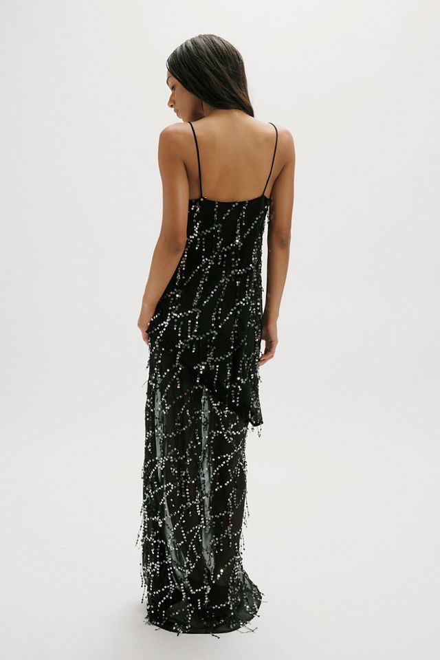 fitted ruffle hem dress Off White Textured Stripe Beaded Strap Maxi Dress