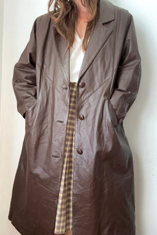 Vintage 1990s Brown Leather Trench Coat Selected by Grievous Angel Vintage