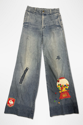 1970s Custom Denim Patched Bell Bottom Jeans Selected By Ritual Vintage