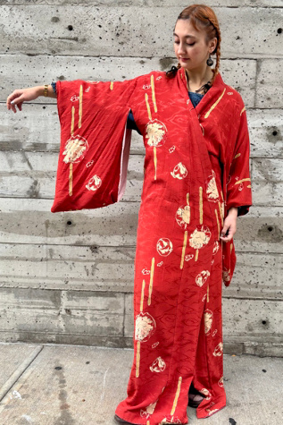 Vintage Damask Crimson Floral Kimono Selected by Nomad Vintage