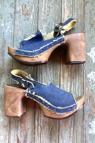 Vintage 1970s Denim and Wooden Sbicca Platforms Selected by Cherry