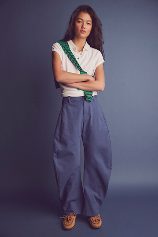 Spotlight Structured Twill Barrel Trousers by Free People in Blue, Size: US 14