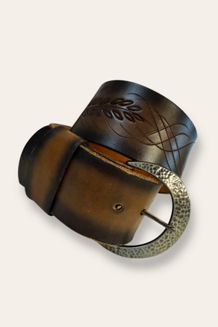 Vintage 1970's Tooled Wheat Wide Leather Belt Selected By Afterlife Boutique