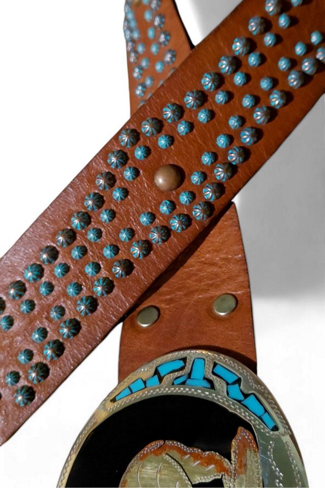 Vintage Turquoise Bear Buckle Leather Belt Selected by Garbage Soup #1