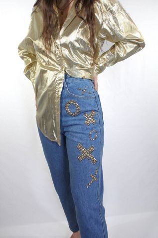 1980s XO Gold Rhinestone Studded High Waisted Jeans Selected By Moons + Junes Vintage