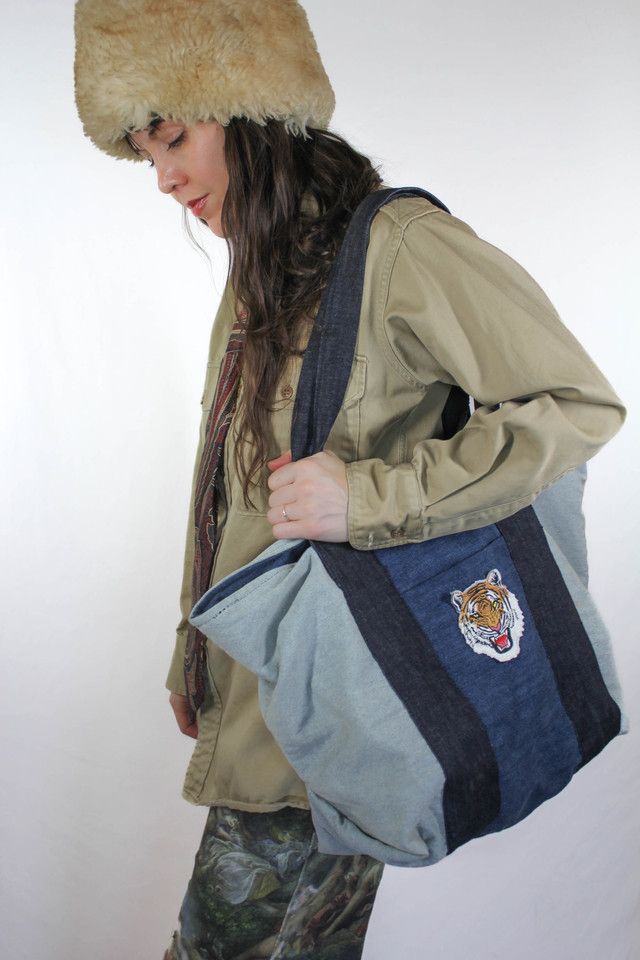 Vintage Tiger Patch Denim Tote Bag Selected By Moons + Junes Vintage