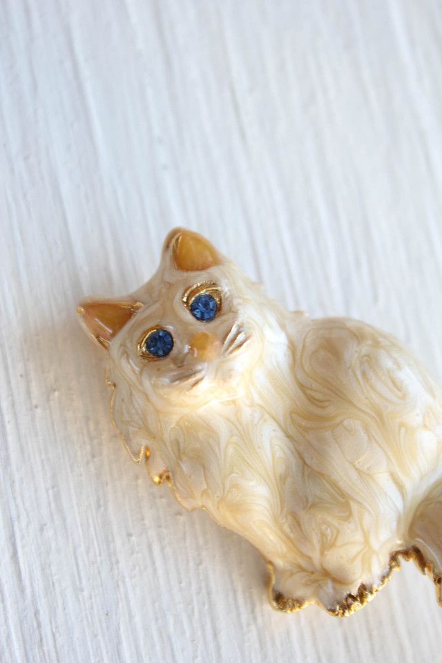 1970s Rhinestone Blue Eyed Cat Enamel Brooch Pin Selected By Moons + Junes Vintage #1