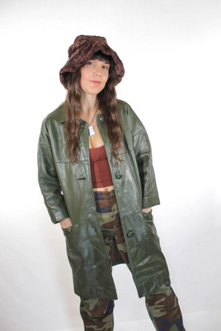 1960s Army Green Cropped Sleeve Leather Trench Jacket Selected By Moons + Junes Vintage