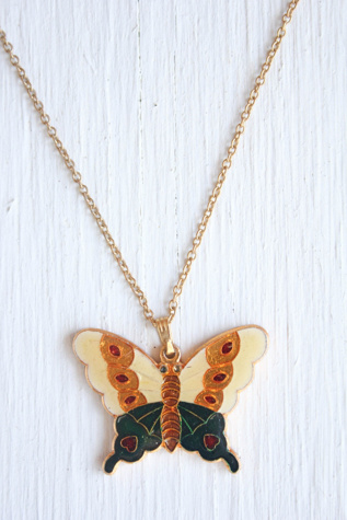 Vintage Golden Enamel Butterfly Pendant Necklace Selected By Moons + Junes Vintage