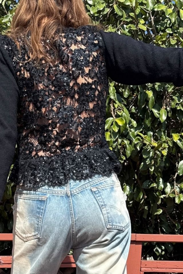 1980s Adrienne Vittadini Sheer Sequin Lace Back Peplum Sweater Selected by Personal Choice #1