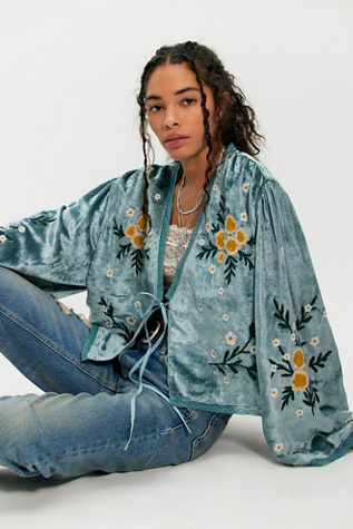 Denim And Bone Embroidered Bed Jacket