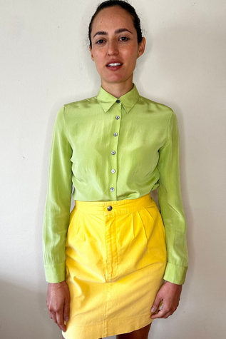 2000s Lime Green Silk Button Up Shirt Blouse Selected by Picky Jane