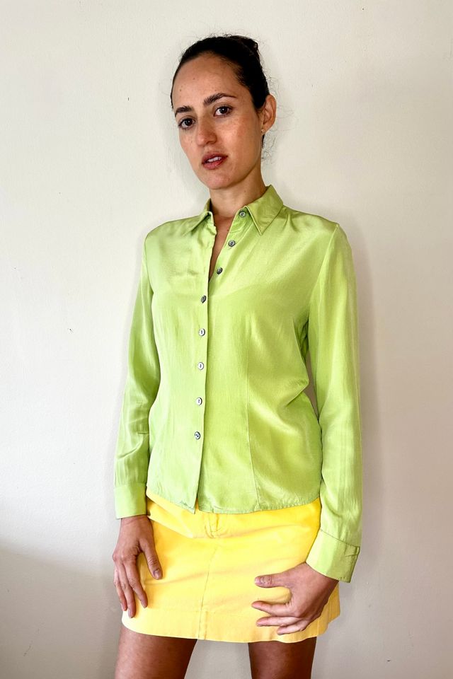 2000s Lime Green Silk Button Up Shirt Blouse Selected by Picky Jane #1