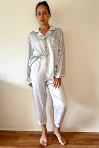 Silver Grey Unisex Piped Silk Pajama Vacation Set Selected by Picky Jane