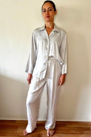 Silver Grey Silk Embroidered Pajama Set Selected by Picky Jane