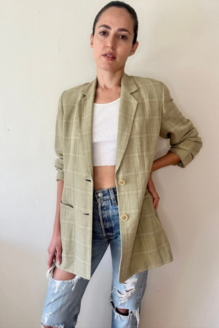 1990's Vintage Light Sage Plaid Boxy Blazer Selected by Picky Jane