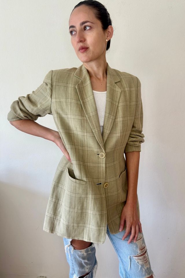 1990's Vintage Light Sage Plaid Boxy Blazer Selected by Picky Jane #1